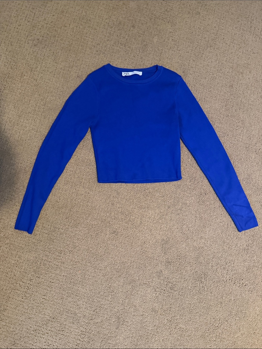 Zara Royal Blue Crewneck Long Sleeve Crop Top